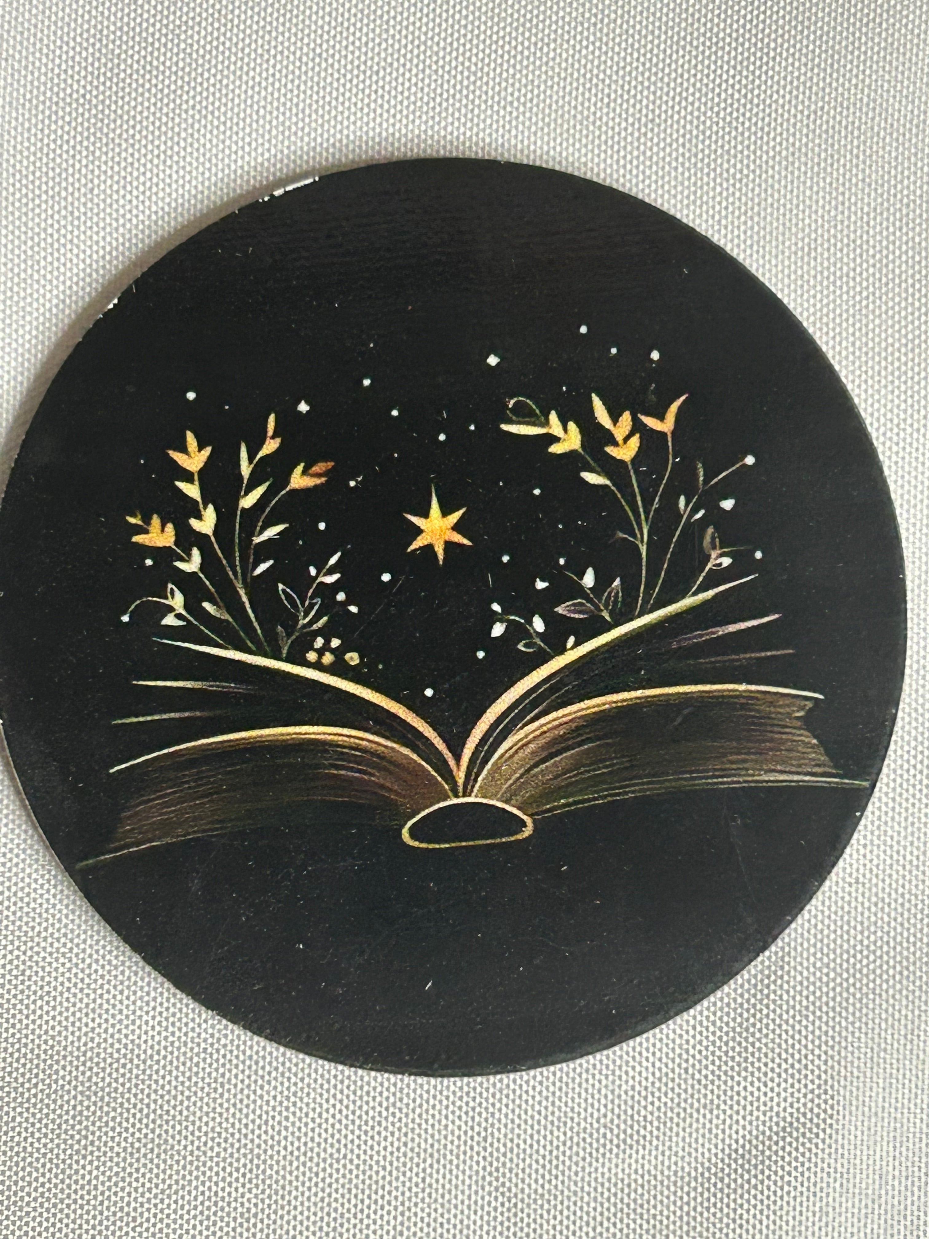 Wooden book lover coaster dark