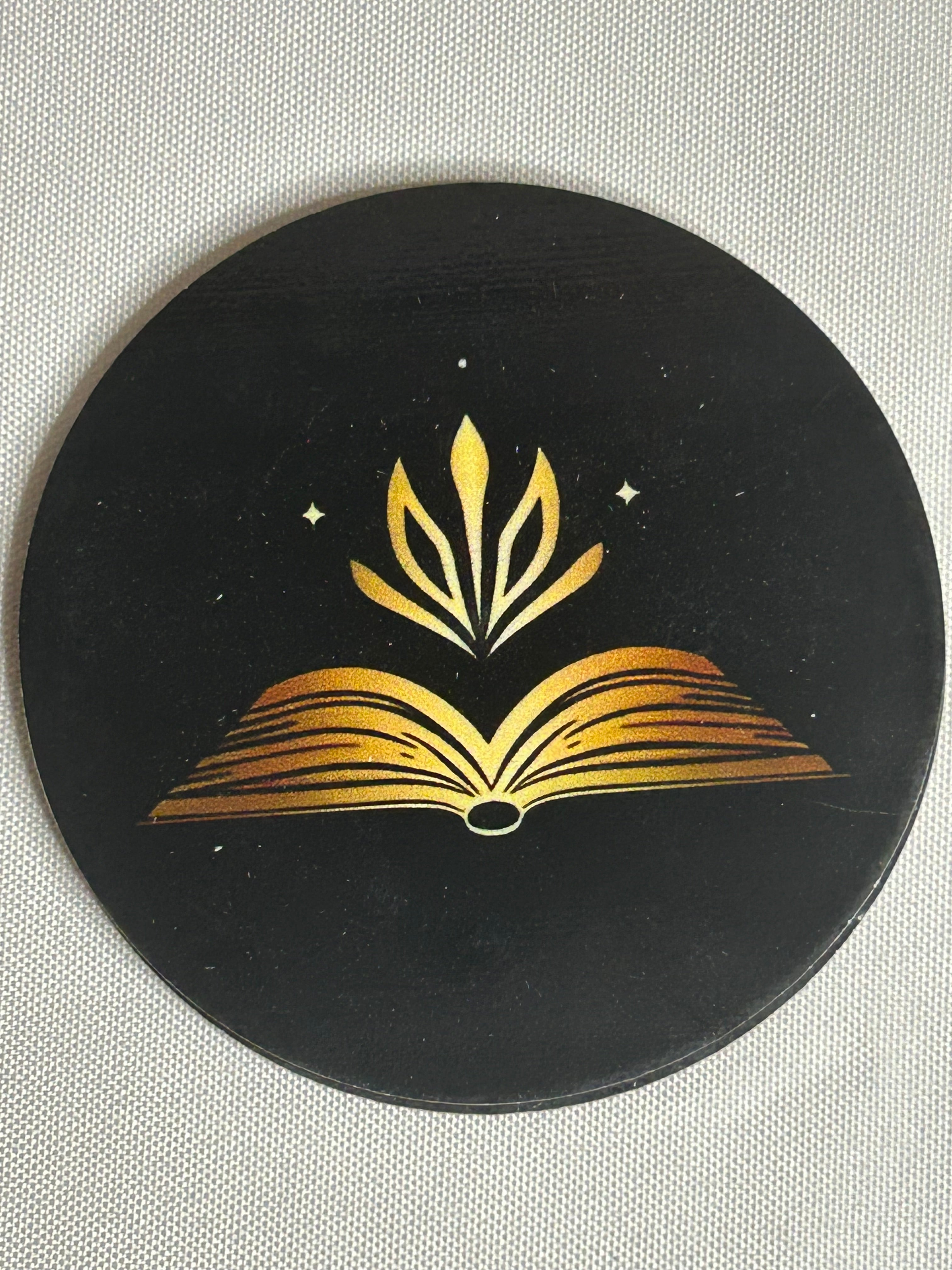 Wooden book lover coaster dark