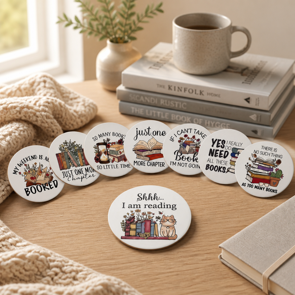 White book themed wooden coasters