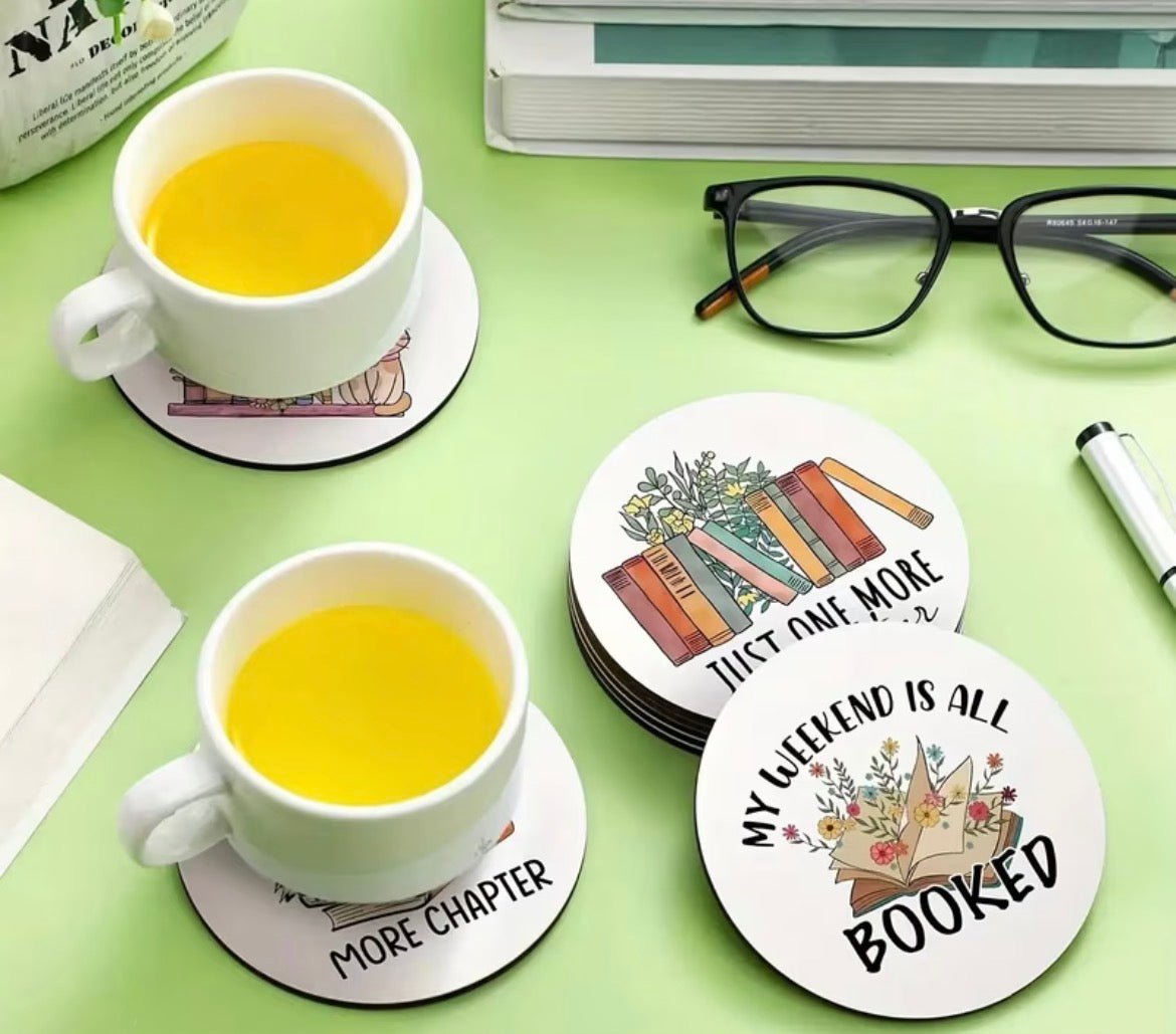White book themed wooden coasters