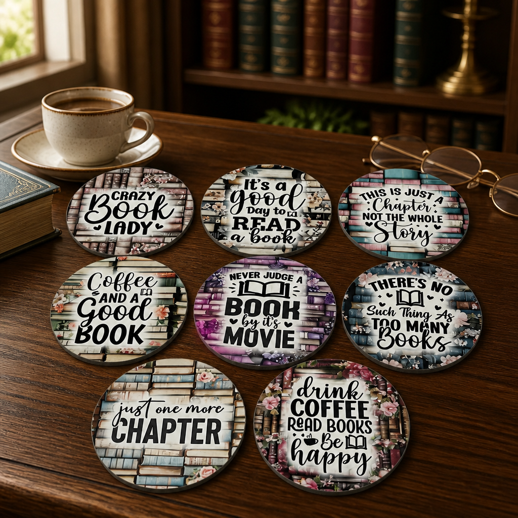Book themed wooden coasters